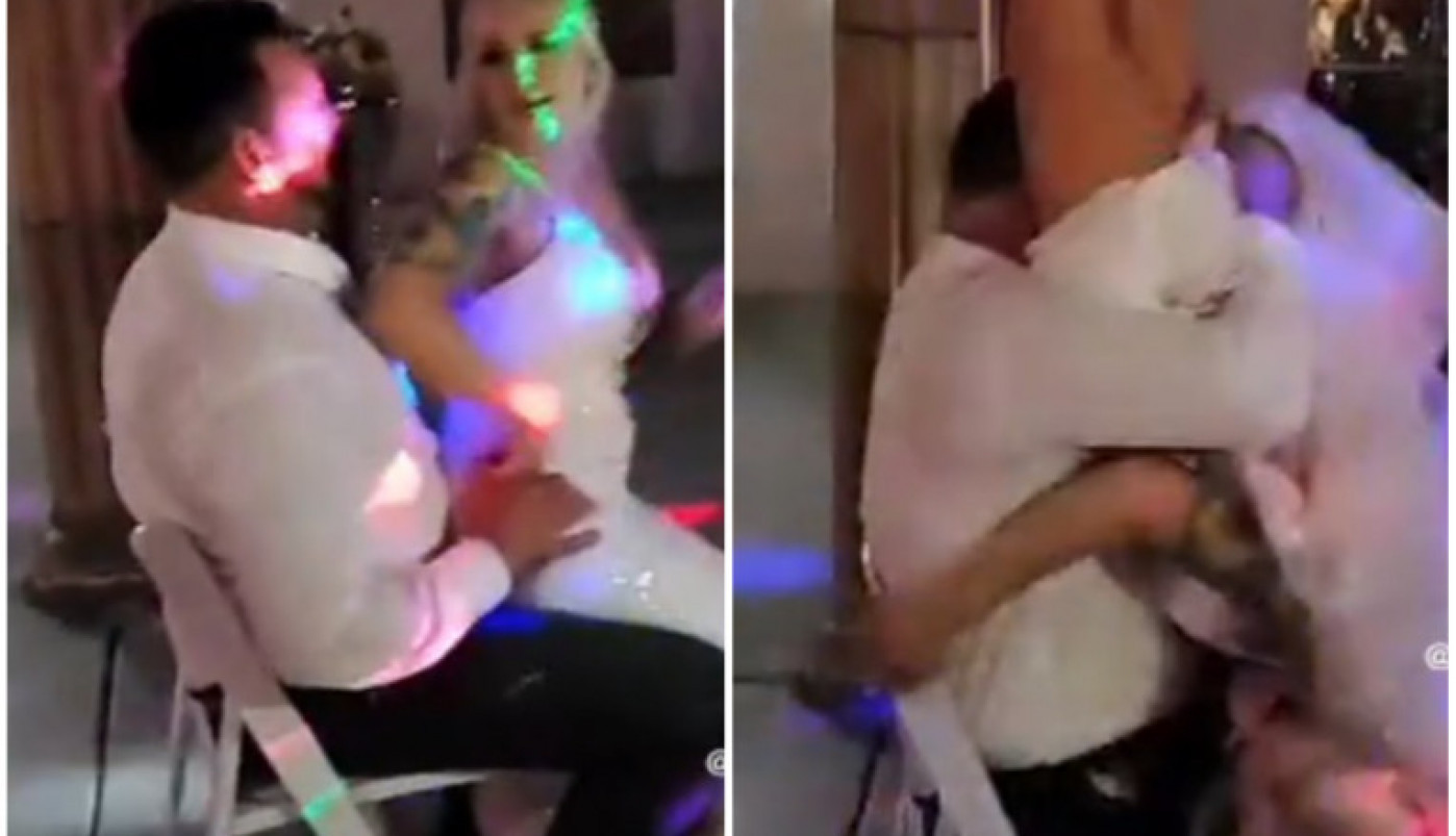 MLADA JE SELA MLADOŽENJI U KRILO NASRED PODIJUMA i zatresla pozadinom! A onda je usledio haos: Podigla je noge, obgrlila muževljevu facu i zavrtela! (VIDEO)