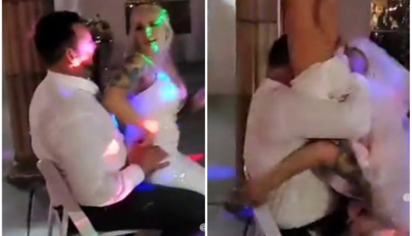 MLADA JE SELA MLADOŽENJI U KRILO NASRED PODIJUMA i zatresla pozadinom! A onda je usledio haos: Podigla je noge, obgrlila muževljevu facu i zavrtela! (VIDEO)