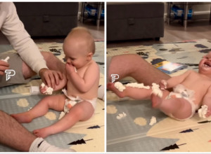 TATA JE UZEO BOCU SA ŠLAGOM I PRIŠAO BEBI, A ONDA JE POČEO ŠOU: Pogledajte kako je mališan reagovao! (FOTO+VIDEO)