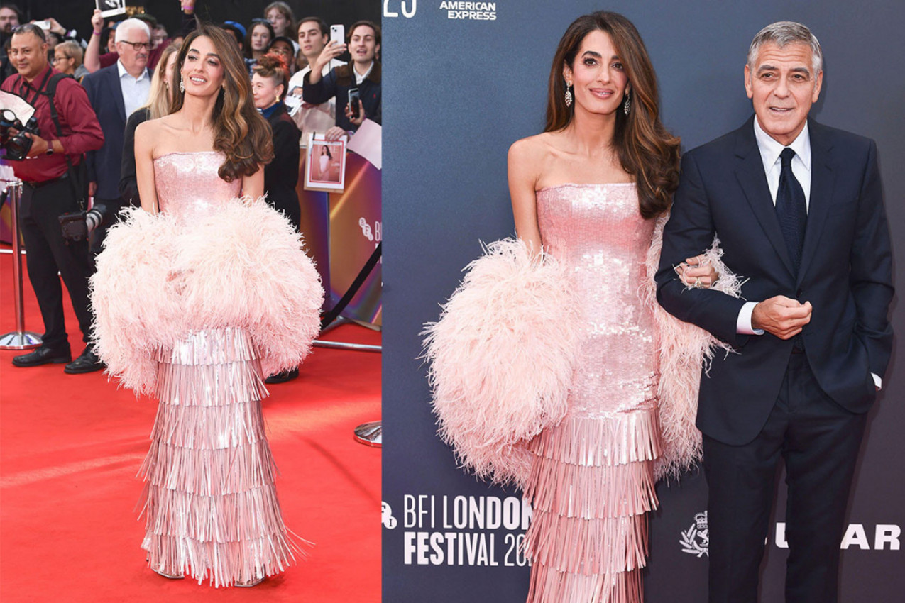 Amal Kluni zablistala u kombinaciji perja, šljokica i resa – Džordž ponosno uz nju na premijeri u Londonu