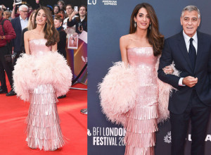 Amal Kluni zablistala u kombinaciji perja, šljokica i resa – Džordž ponosno uz nju na premijeri u Londonu