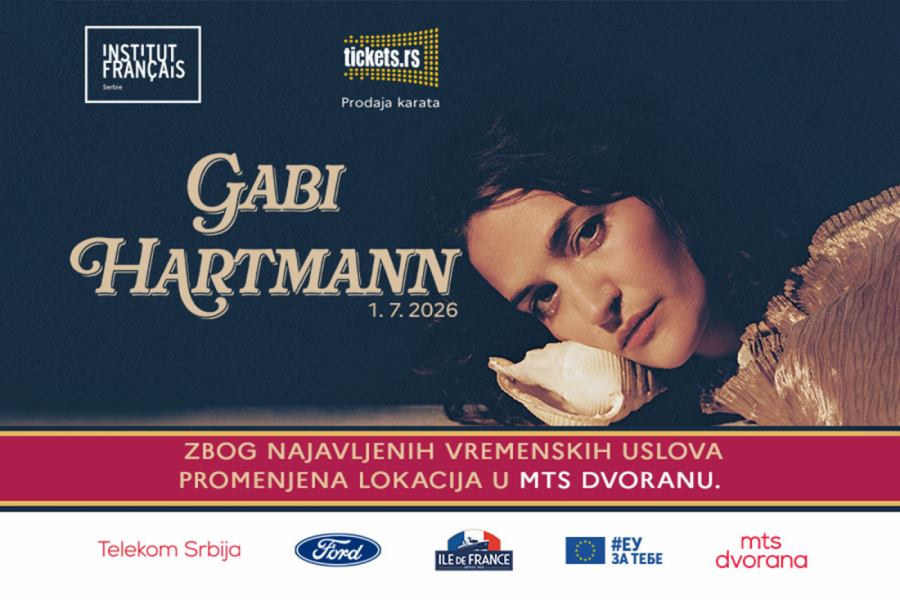 Zbog najavljenih loših vremenskih uslova, francuska pevačica GABI HARTMAN nastupiće u sredu 1. jula u MTS DVORANI umesto u BOTANIČKOJ BAŠTI JEVREMOVAC