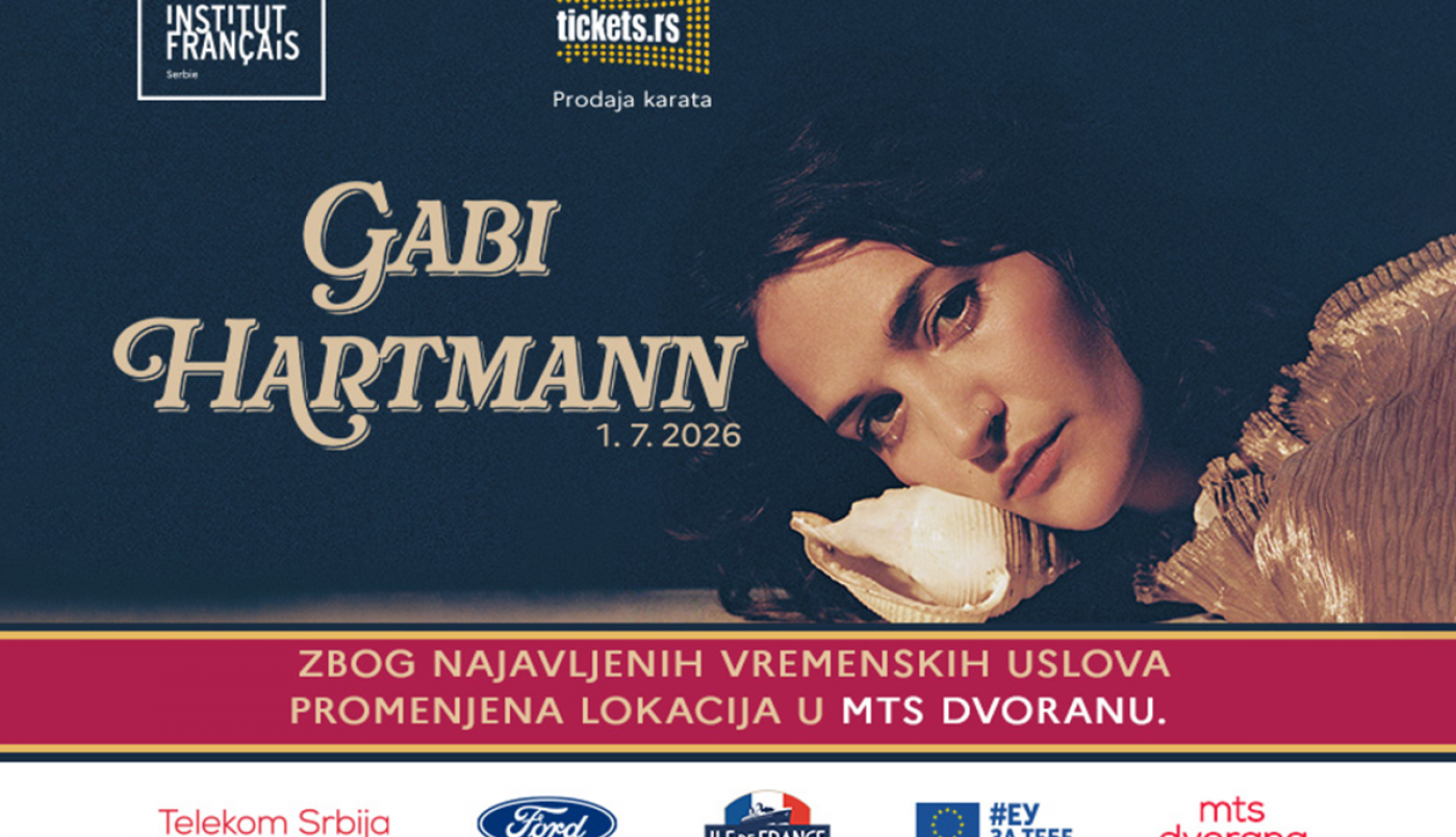 Zbog najavljenih loših vremenskih uslova, francuska pevačica GABI HARTMAN nastupiće u sredu 1. jula u MTS DVORANI umesto u BOTANIČKOJ BAŠTI JEVREMOVAC